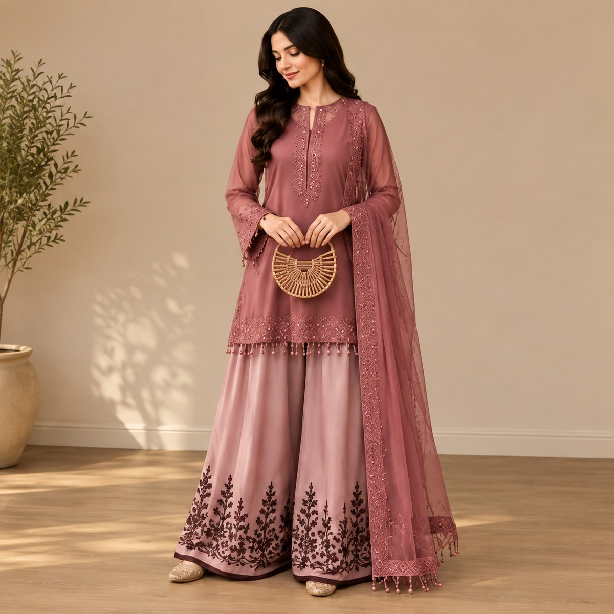 Women’s Embroidered Kurta Palazzo & Dupatta Set