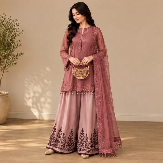 Women’s Embroidered Kurta Palazzo & Dupatta Set