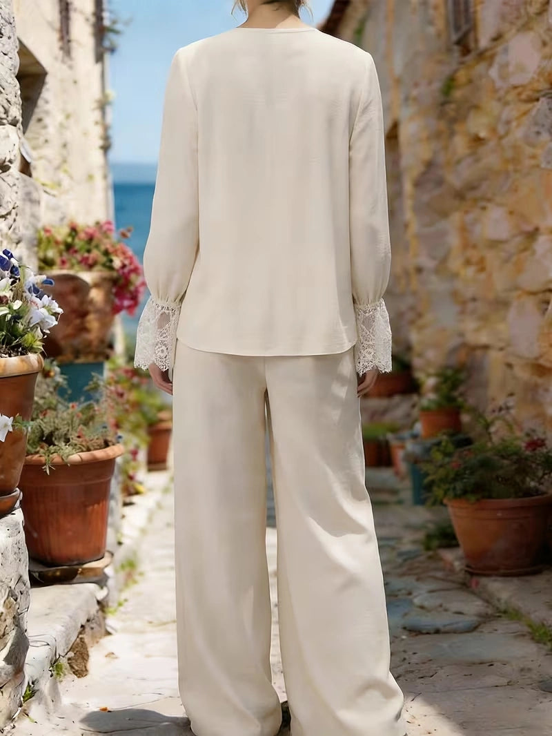Women's Vintage Floral V-Neck Co-Ord Set with Relaxed Wide-Leg Pants