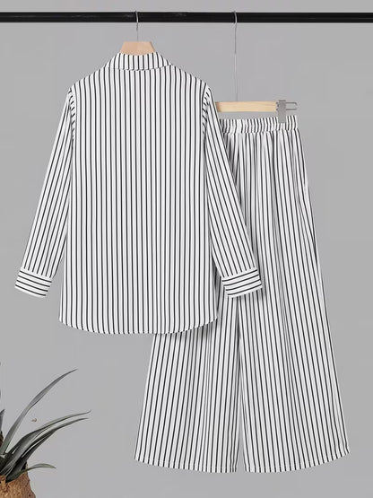 Women's Striped 2-Piece Co-Ord Set | Long Sleeve Shirt & Straight Pants