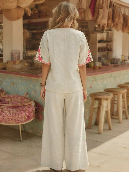 Women's Vintage Floral V-Neck Co-Ord Set with Relaxed Wide-Leg Pants
