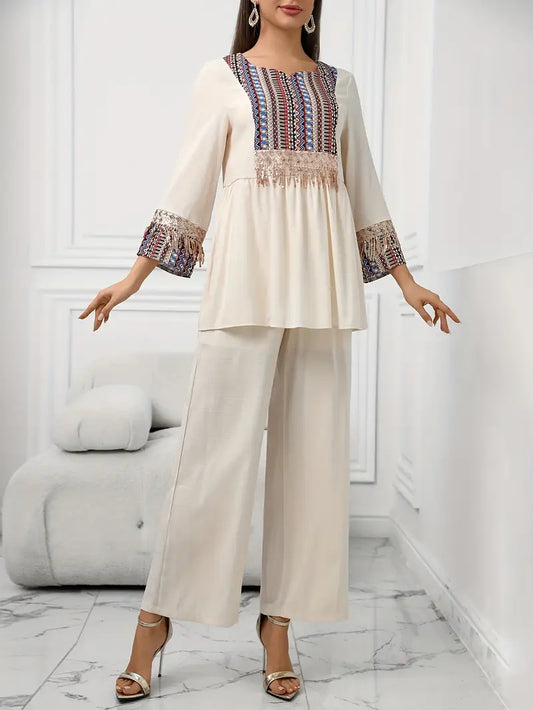 Elegant Summer Patchwork Co-ord Set for Women – Beaded Fringe Top with Wide-Leg Pants (2pcs)