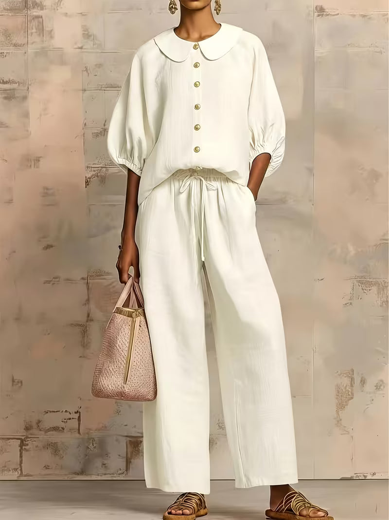 Women's Peter Pan Collar 2-Piece Co-Ord Set | Elegant Shirt & Wide-Leg Pants