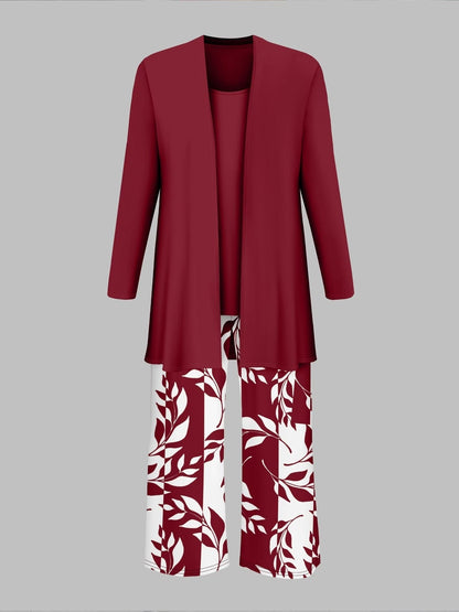 Women’s Stylish 3-Piece Set – Solid Cardigan, Casual Vest & Printed Palazzo Pants