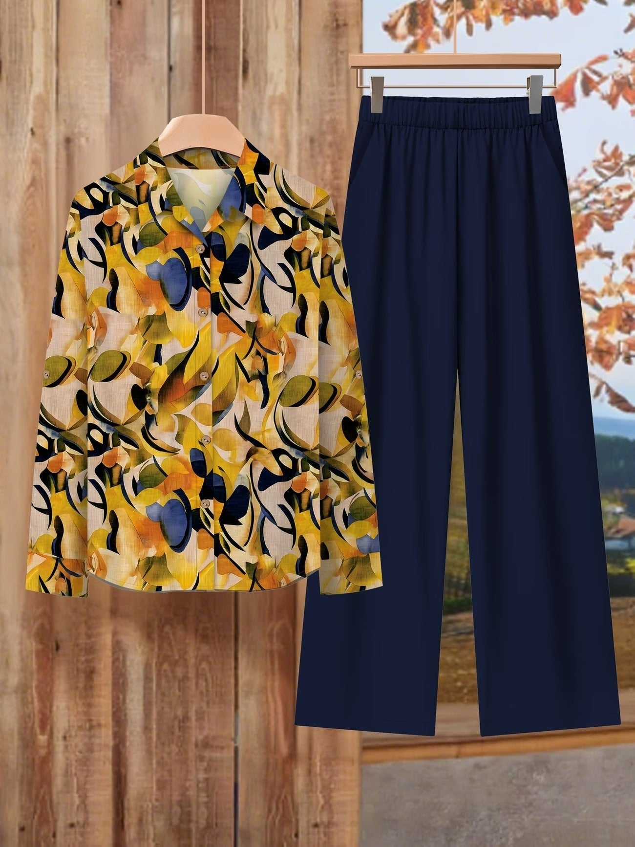 Women’s Floral Long-Sleeve Shirt with Printed Pants – Stylish Two-Piece Everyday Outfit (With Tie & Button Details)