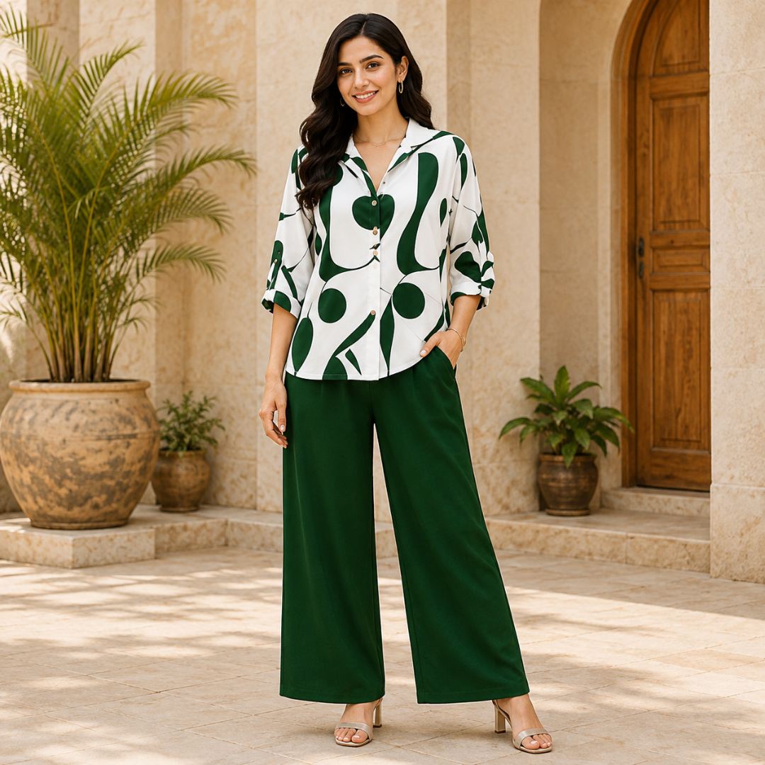 Elegant Abstract Print Shirt & Wide-Leg Pants Set