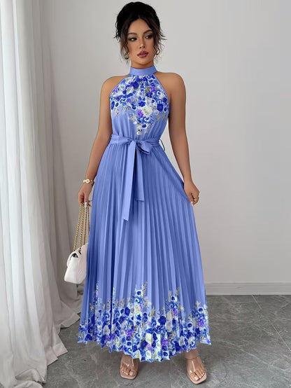 Elegant Floral Halter Neck Pleated Dress – Stylish & Comfortable Summer Outfit for Women