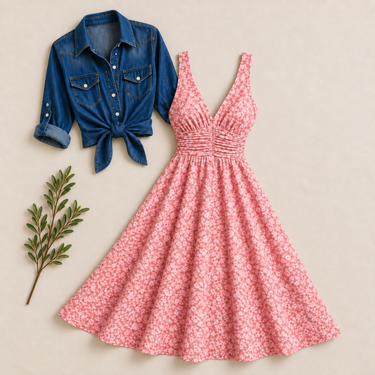 Women’s Printed Dress with Denim Shirt Set