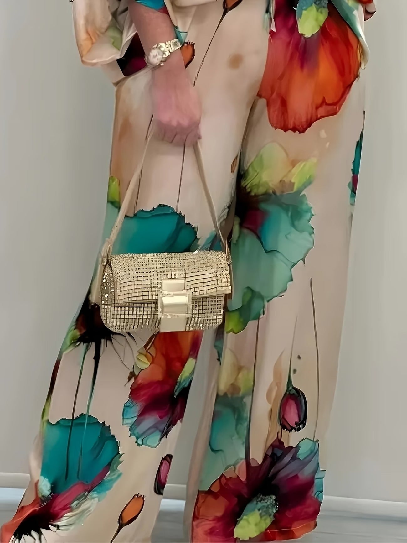 Plus Size Women’s Satin Floral Co-Ord Set – Round Neck Top with Elastic Waist Wide-Leg Pants | Elegant & Comfortable Two-Piece Outfit