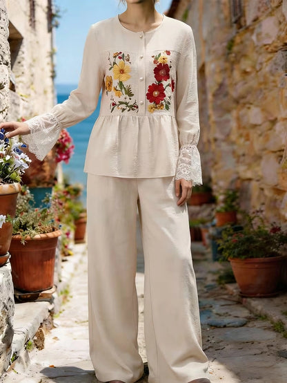 Women's Vintage Floral V-Neck Co-Ord Set with Relaxed Wide-Leg Pants