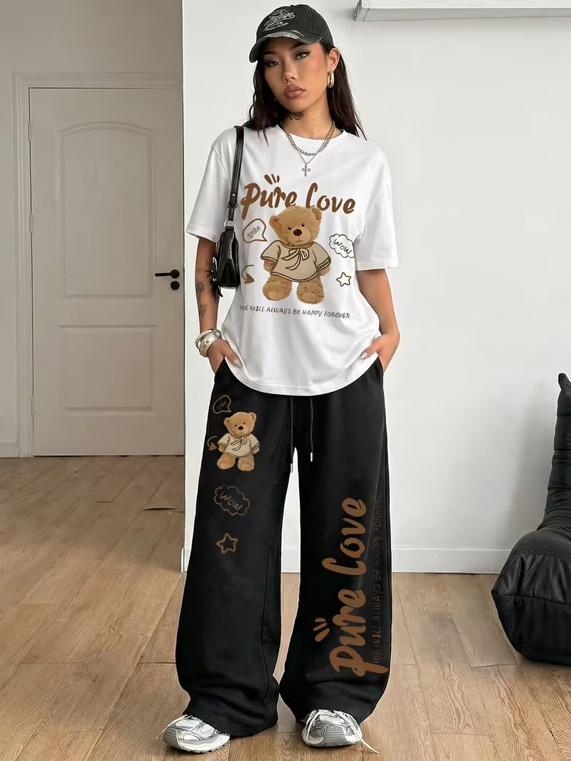 Women's Summer Bear Print Lounge Set – Soft Oversized T-Shirt with Drawstring Pants
