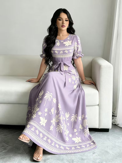 Women's Printed Belted Maxi Dress | Elegant Puff Sleeve Summer Dress
