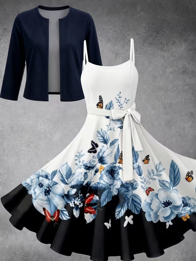 Elegant Women's Vintage Artistic Floral Print Dress Set
