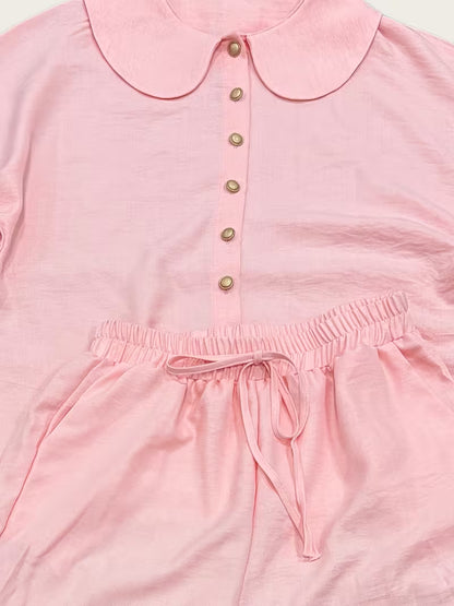 Women's Peter Pan Collar 2-Piece Co-Ord Set | Elegant Shirt & Wide-Leg Pants