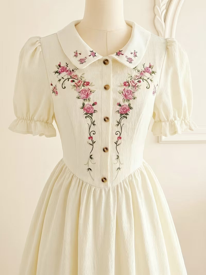 Women's Vintage Floral Puff Sleeve Midi Dress