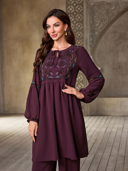 Women's Elegant Rhinestone Detail Long Sleeve Top & Wide-Leg Pants Set