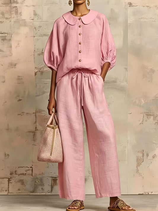 Women's Peter Pan Collar 2-Piece Co-Ord Set | Elegant Shirt & Wide-Leg Pants