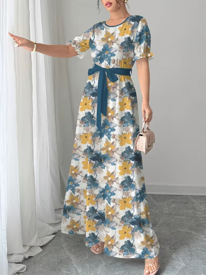 Women's Printed Belted Maxi Dress | Elegant Puff Sleeve Summer Dress