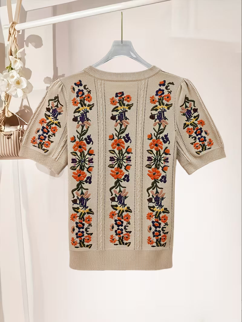 Rose Embroidery Top & Midi Skirt Set