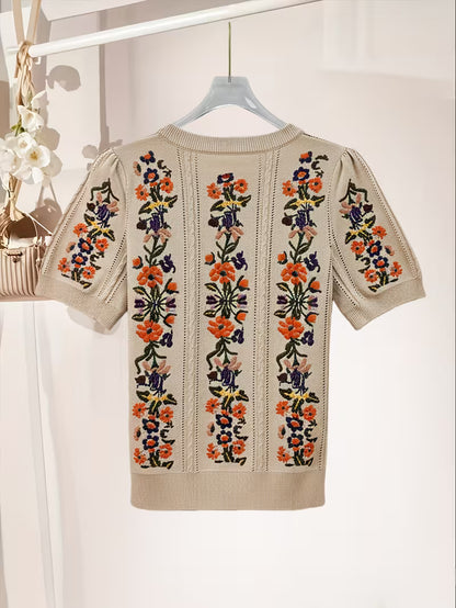 Rose Embroidery Top & Midi Skirt Set