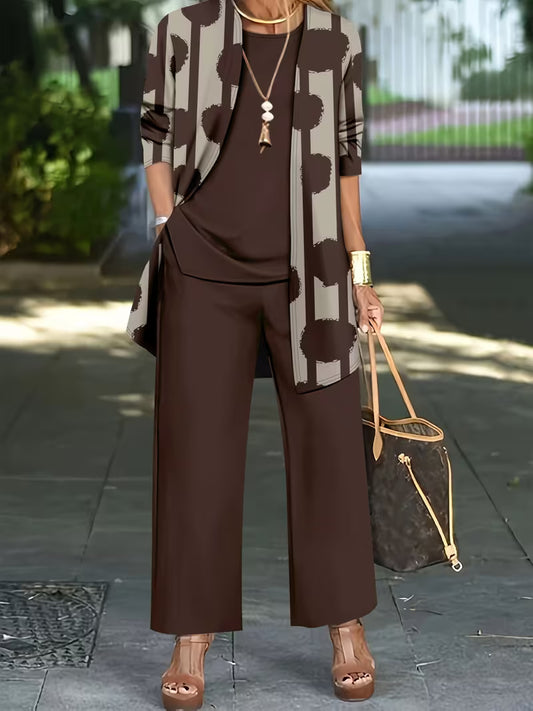 Women's 3-Piece Printed Co-Ord Set | Cardigan, Tank Top & Wide-Leg Pants