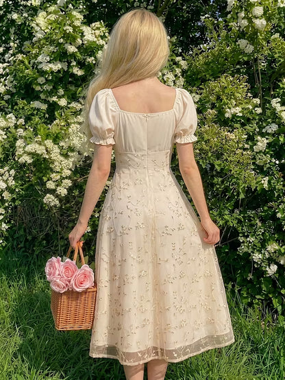 Women's Vintage Floral Puff Sleeve Midi Dress