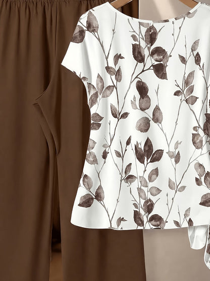 Women's Floral Print Tie-Front Shirt & Wide-Leg Pants Two-Piece Set