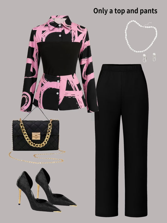 Women's Elegant Long Sleeve Top & Pants Set
