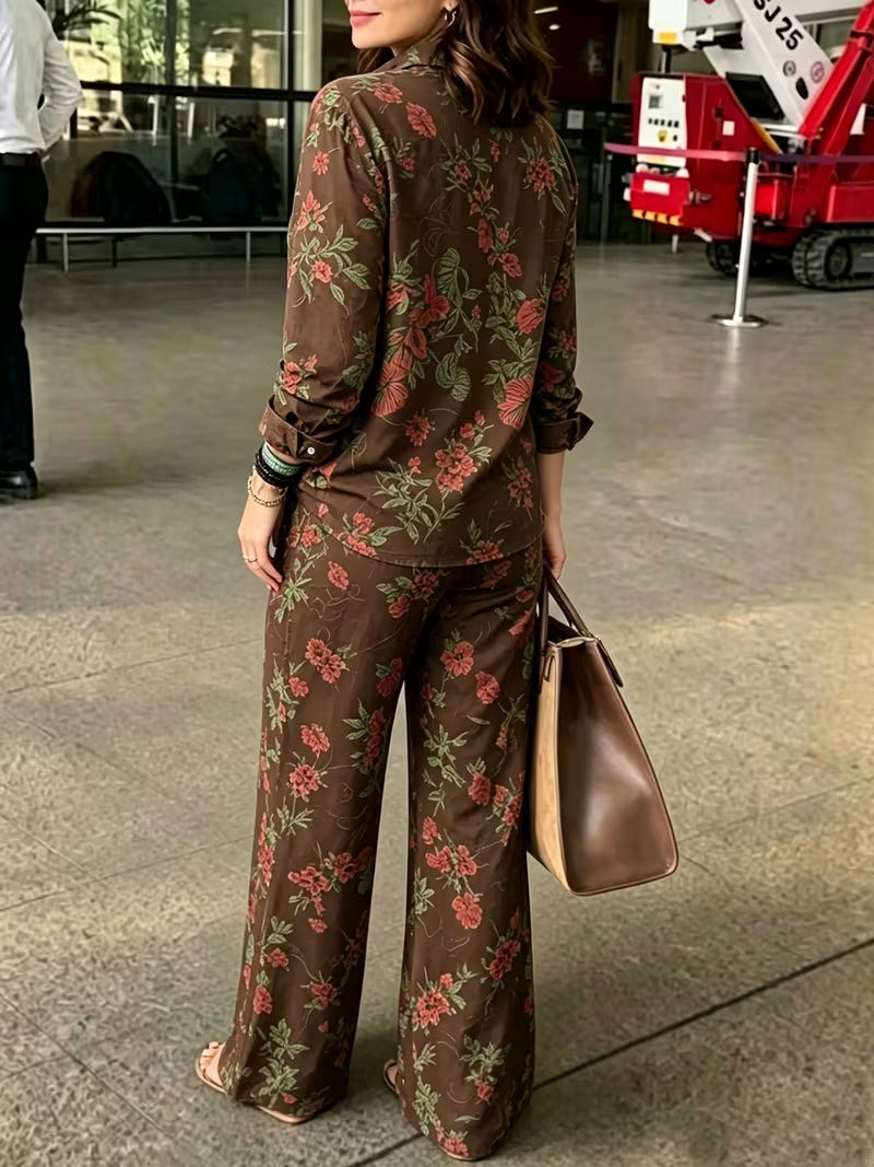 Women's Vintage Floral 2-Piece Co-Ord Set | Botanical Shirt & Straight-Leg Pants