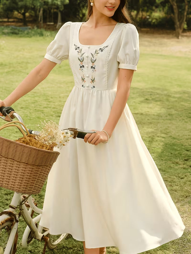 Women's Vintage Floral Puff Sleeve Midi Dress