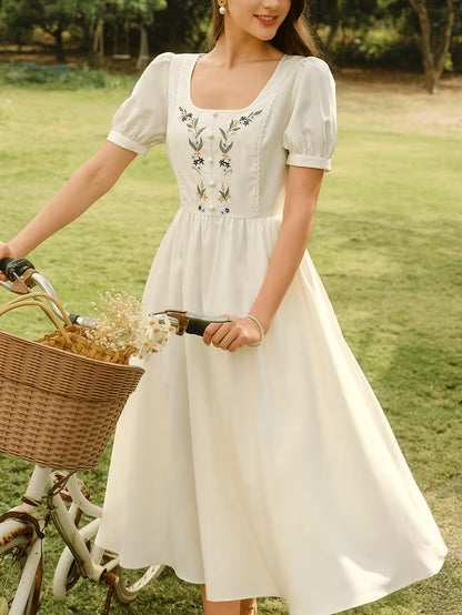 Women's Vintage Floral Puff Sleeve Midi Dress