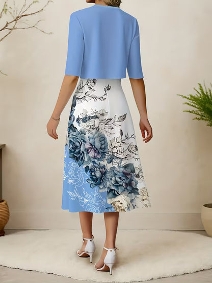 Elegant Blue Floral Cardigan & Dress Set