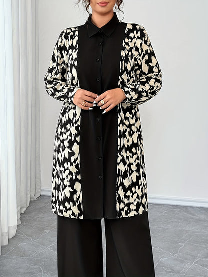 Women's Elegant Patchwork Cardigan, Mid-Length Shirt & Straight-Leg Trousers Set