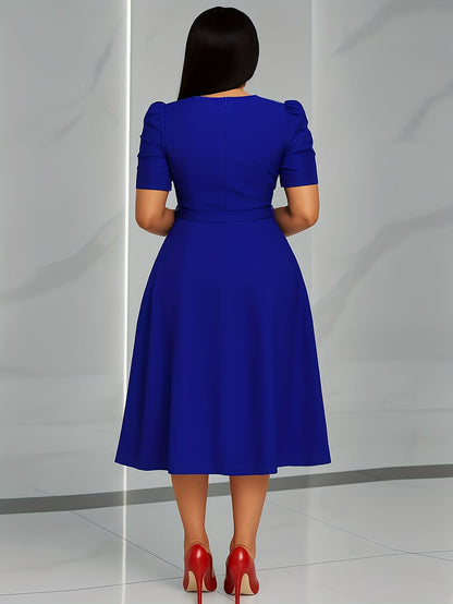 Women's Elegant V-Neck Ruffle Midi Dress with Waist Belt