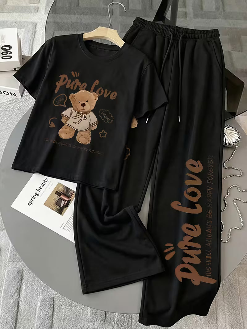 Women's Summer Bear Print Lounge Set – Soft Oversized T-Shirt with Drawstring Pants
