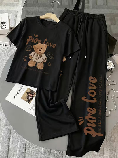Women's Summer Bear Print Lounge Set – Soft Oversized T-Shirt with Drawstring Pants