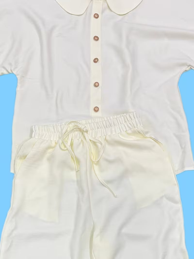 Women's Peter Pan Collar 2-Piece Co-Ord Set | Elegant Shirt & Wide-Leg Pants
