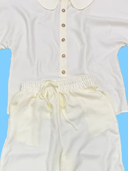 Women's Peter Pan Collar 2-Piece Co-Ord Set | Elegant Shirt & Wide-Leg Pants