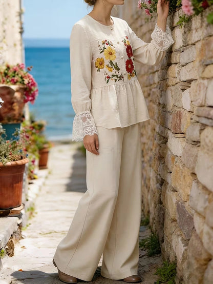 Women's Vintage Floral V-Neck Co-Ord Set with Relaxed Wide-Leg Pants