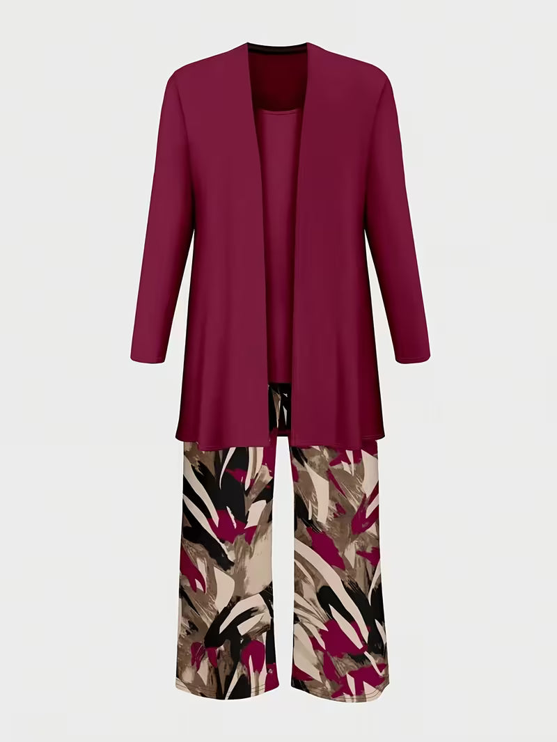 Women's 3-Piece Printed Co-Ord Set | Cardigan, Tank Top & Wide-Leg Pants