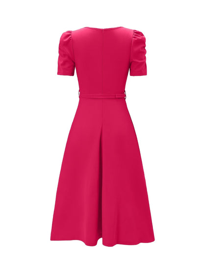 Women's Elegant V-Neck Ruffle Midi Dress with Waist Belt