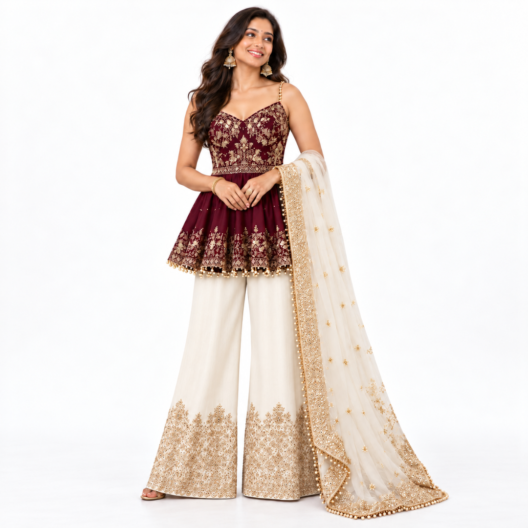 Women’s Embroidered Peplum Sharara Set