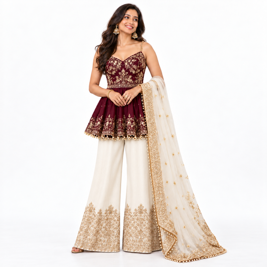 Women’s Embroidered Peplum Sharara Set