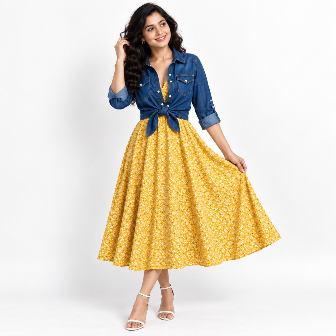 Women’s Printed Dress with Denim Shirt Set
