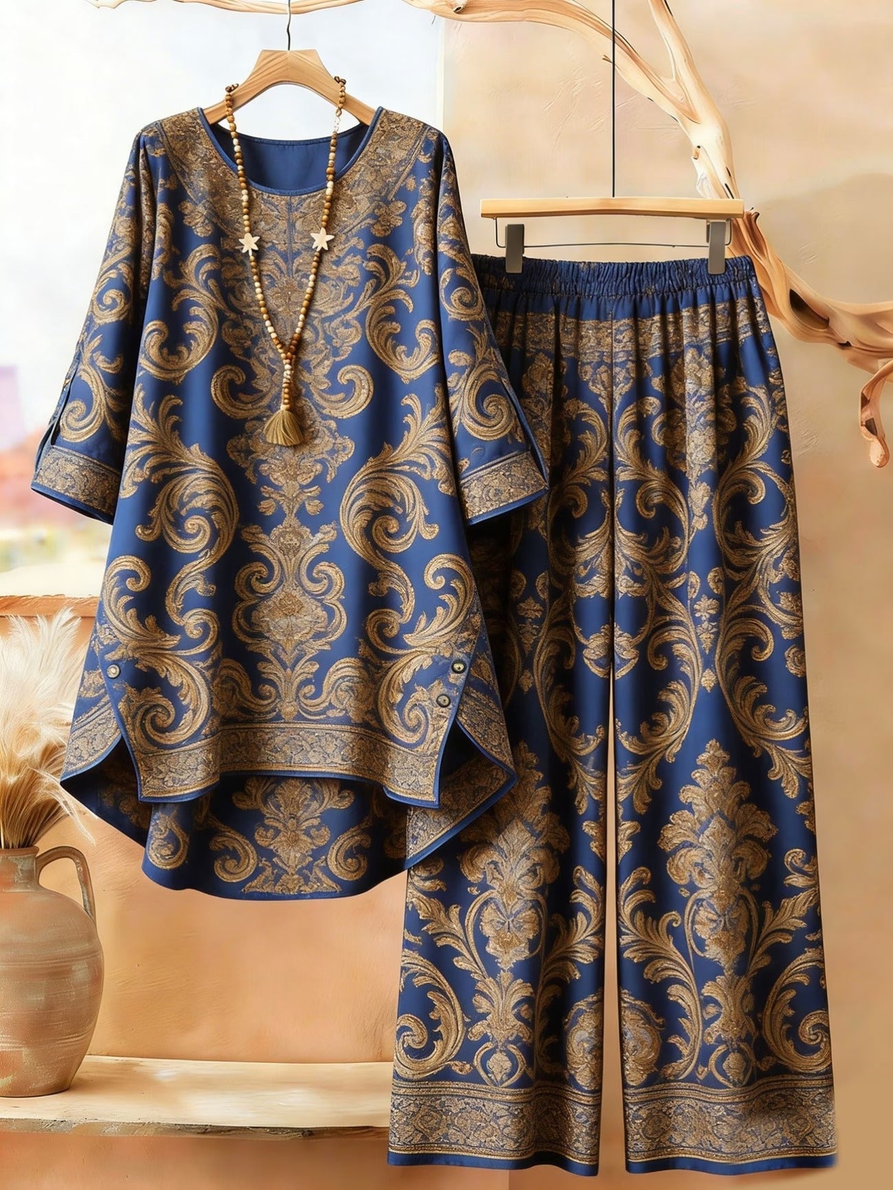 Featuring Persian Floral Print Design, Crew Neck, Dipped Hem, Suitable for Everyday Casual Wear, Comfortable and Stylish