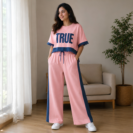 Women's Denim Patchwork 2-Piece Co-Ord Set | Premium Top & Straight-Leg Pants