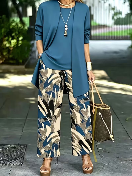 Women's 3-Piece Printed Co-Ord Set | Cardigan, Tank Top & Wide-Leg Pants