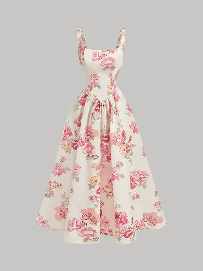 Women's Premium Floral Tie Strap Midi Dress