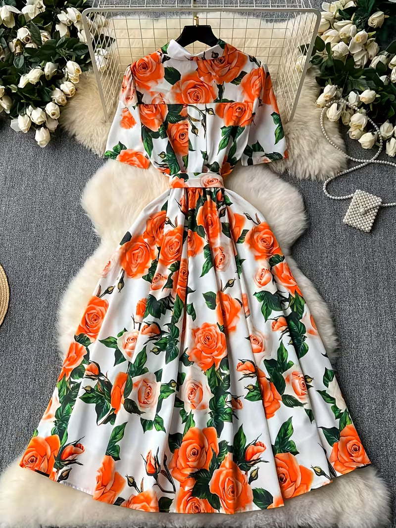 Women's Premium Floral Belted Midi Dress