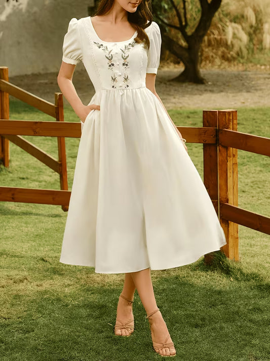 Women's Vintage Floral Puff Sleeve Midi Dress